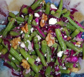 Green Bean Salad with purple cabbage, feta cheese, and walnuts