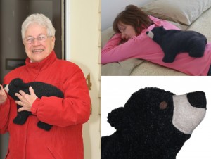 Woman using Black Bear microwave heating pad to relax sore back muscles, older woman using Black Bear as a hand warmer, and close up of Black Bear face