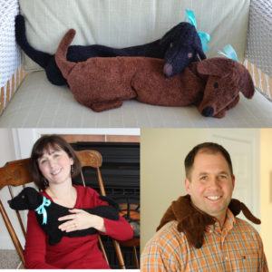 Collage of photos - Black and Brown Dachshunds on chair, woman warming up with Black Dachshund, and man using Brown Dachshund to soothe arthritic neck