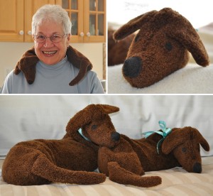 Woman relaxing with Dachshund neck and bed warmer in a collage of photos