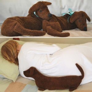 Collage of two Dachshund Neck Warmers on bed and pregnant woman using heating pad for low back pain