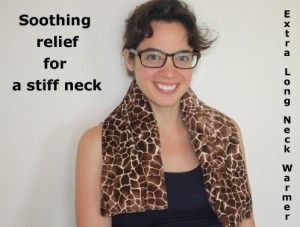 Woman relaxing stiff neck muscles with an extra long microwave heating pad in a Plush fabric with a giraffe pattern