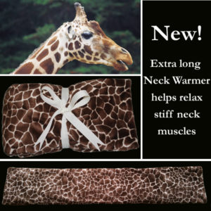 Giraffe Neck Warmer collage with words, NEW! Extra long Neck Warmer helps relax stiff neck muscles and photos of neck warmer and a giraffe head