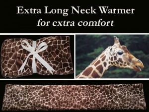 collage of photos for Giraffe print extra long neck warmer