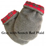 Microwave Hand Warmer mittens in gray berber fleece with scotch red plaid flannel lining, corn filled, no fragrances