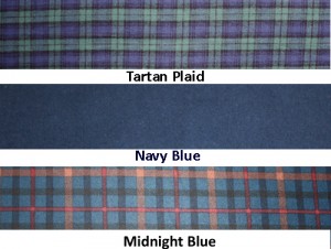 Extra Long Neck Warmer Color swatches for Tartan Plaid, Navy Blue, an Midnight Blue plaid (deep blue with rust and cranberry)