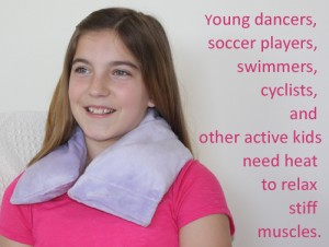 Girl using microwave neck warmer to relax stiff neck muscles after dance practice