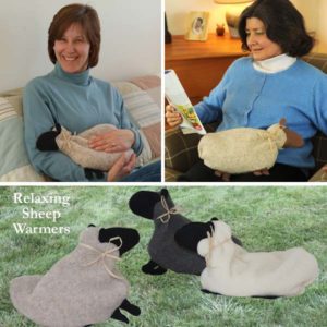Relaxing Sheep Warmers in a collage showing women using these microwave heating pads to relax