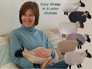 Woman relaxing with a Cozy Sheep and 6 colors of sheep microwave heating pads