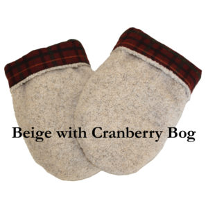 Reusable hand warmer mittens in beige with Cranberry Bog plaid flannel lining, corn filled without any fragrances