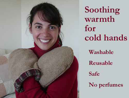 Woman warming hands with hand warmers with text that says, 