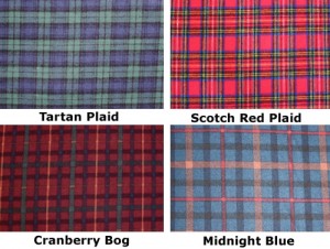 Photo of Tartan Plaid, Scotch Red Plaid, Cranberry Bog Plaid (cranberry, rust, and Navy), and Midnight Blue (Medium blue, orange, & Navy) for Back Warmers