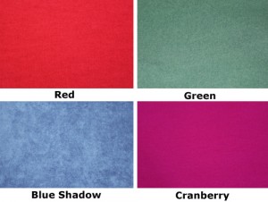 Colors in solid red, green, Blue Shadow (printed medium blue), and cranberry for Back Warmers