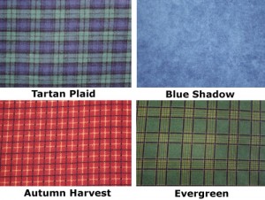 Swatches of flannel fabrics for extra large microwave heating pads for the back in Tartan plaid, Blue Shadow, Autumt Harvest plaid, and Evergreen plaid
