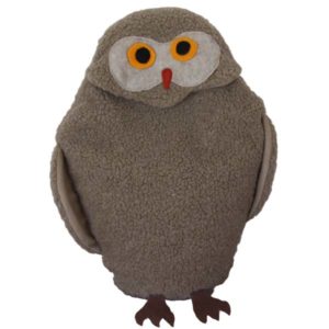 Tan fleece Owl microwave heating pad with orange and black eyes on a white back ground
