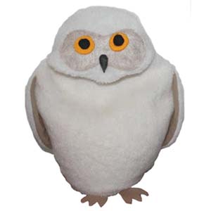 Snowy Owl microwave heating pad in white fleece with orange and black eyes on white background