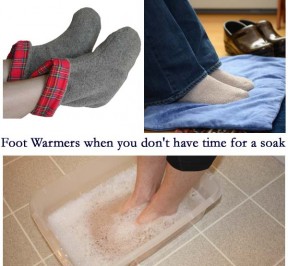 Photo collage of a woman soaking her feet, Maine Warmer's Foot Warmer booties on feet, & Foot Warmer pad with feet on them