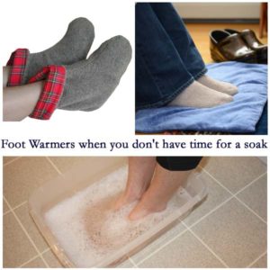 Photo collage of a woman soaking her feet, Maine Warmer's Foot Warmer booties on feet, & Foot Warmer pad with feet on them