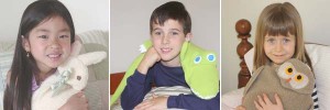 Collage of three photos with kids using microwave heating pads - a bunny, alligator, and owl