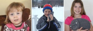 Collage of healthy kids using microwave mouse for an ear ache, cold hands, and cat heat pad for monthly cramping