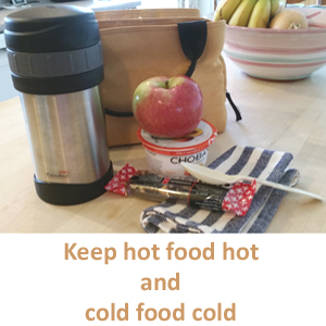 Lunch with hot food in thermos and cold food in cold pack with ice