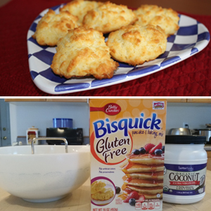Gluten Free Bisquick Biscuits and a box of mix, jar of coconut oil, and a mixing bowl