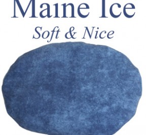 Oval ice pack in blue flannel is filled with whole corn and is called "Maine Ice - Soft & Nice."