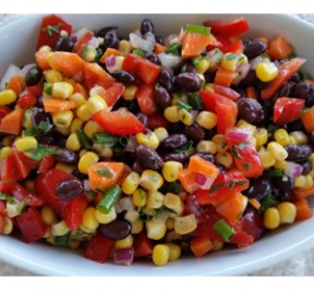 Photo of Corn and Black Bean Salad in a white ceramic bowl