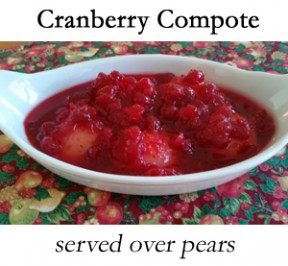 Cranberry Compote in a serving dish over pears