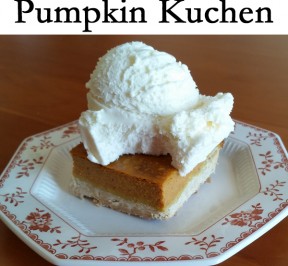 Pumpkin Kuchen Gluten free dessert on a plate with vanilla frozen yogurt on top