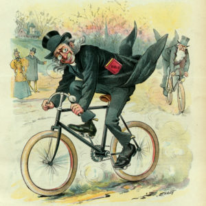 Samuel Ehrhart illustration of ministers racing on bicycles