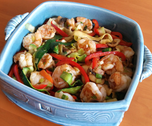 Shrimp and Zucchini Noodle Stir-fry in a casserole dish